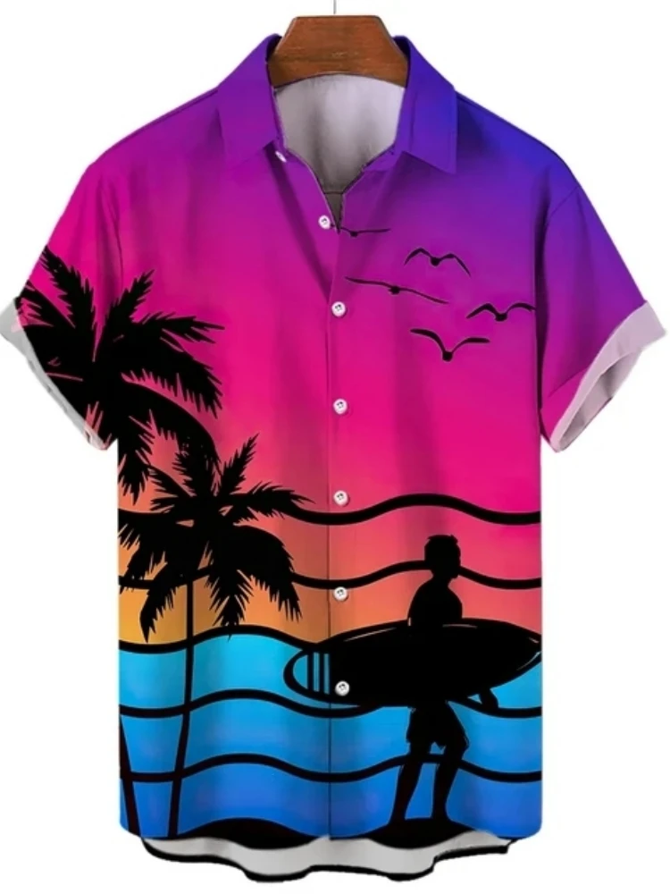 Mode Hawaiian Strand Stijl Surfen 3d Print Heren Zomer Slim Fit Retro Social Shirt Man Casual Kleding Bloemenblouse