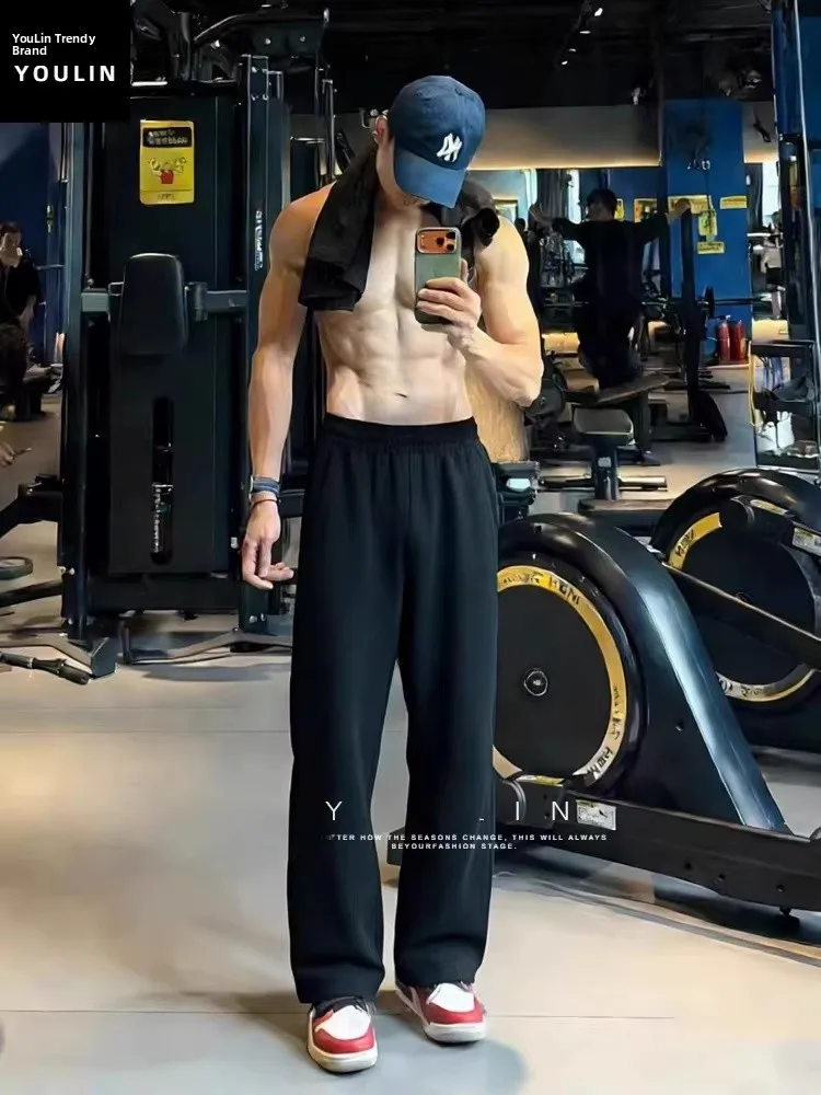 

Черные спортивные брюки в американском стиле для фитнеса, мужские свободные брюки с широкими штанинами на флисовой подкладке, повседневные спортивные длинные брюки, модные свободные брюки