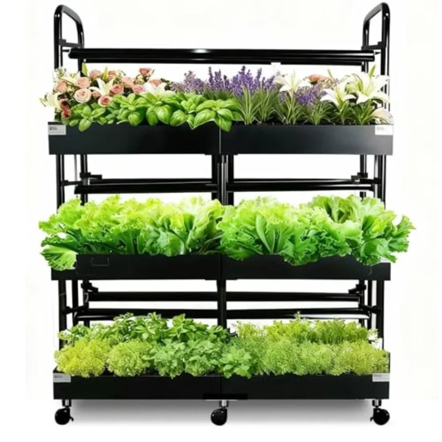 Indoor hydroponics system for vegetables, herbs, microgreens: 3-tier black kit with grow lights, dual medium, double pump, 88 p