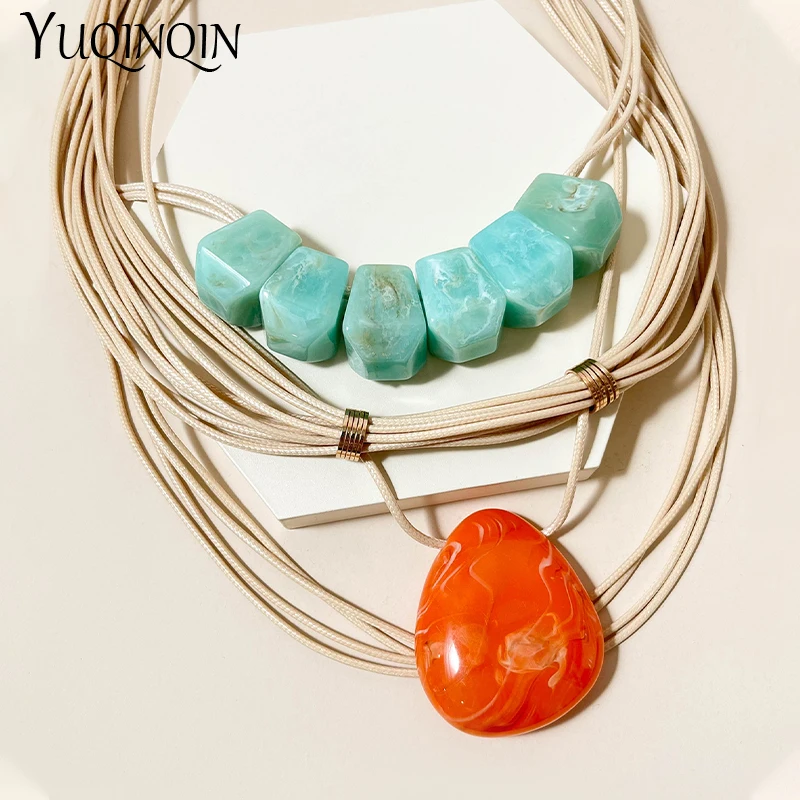 New Vintage Colorful Bead Pendant Necklaces for Women Girls Multi Color Rope Chain Necklace Summer Travel Choker Fashion Jewelry