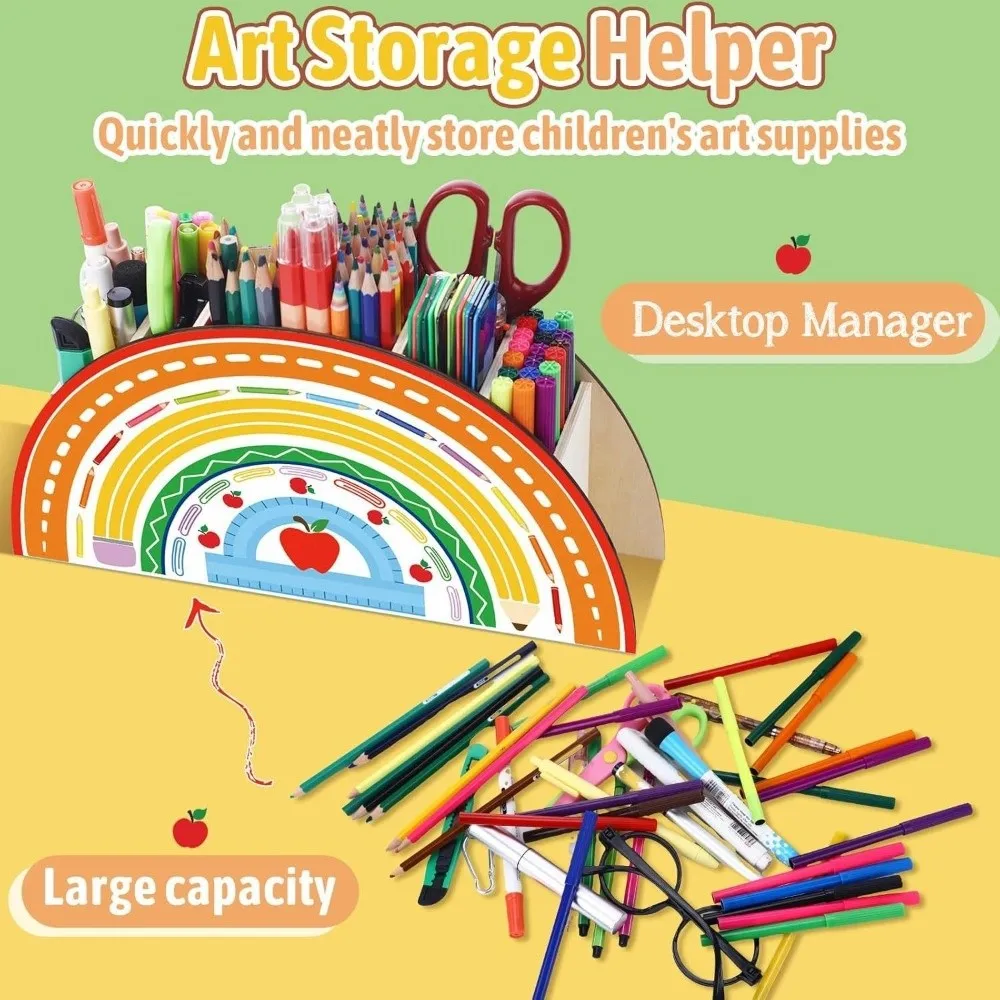 5 Slots Rainbow Pencil Holder Wooden Geometric Shape Desk Organizer Colorful Durable Decorative Pen Holder Graduation Season