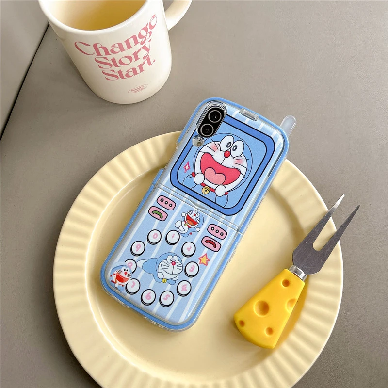 Cute Cartoon Japan Anime Doraemon Phone Case For Samsung Galaxy Z Flip 7 6 5 Hard TPU Cover For Z Flip 4 3 With lanyard
