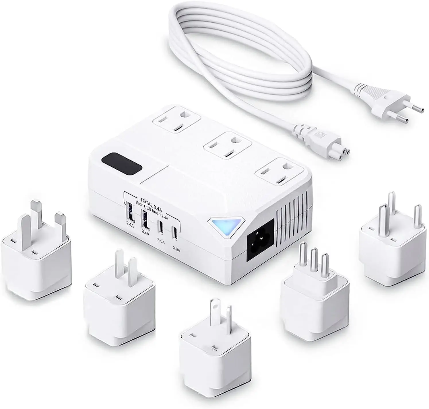 

250W Travel Converter with 4 USB Ports, 220V to 110V, for 100-240V Devices, International Plug Adapter