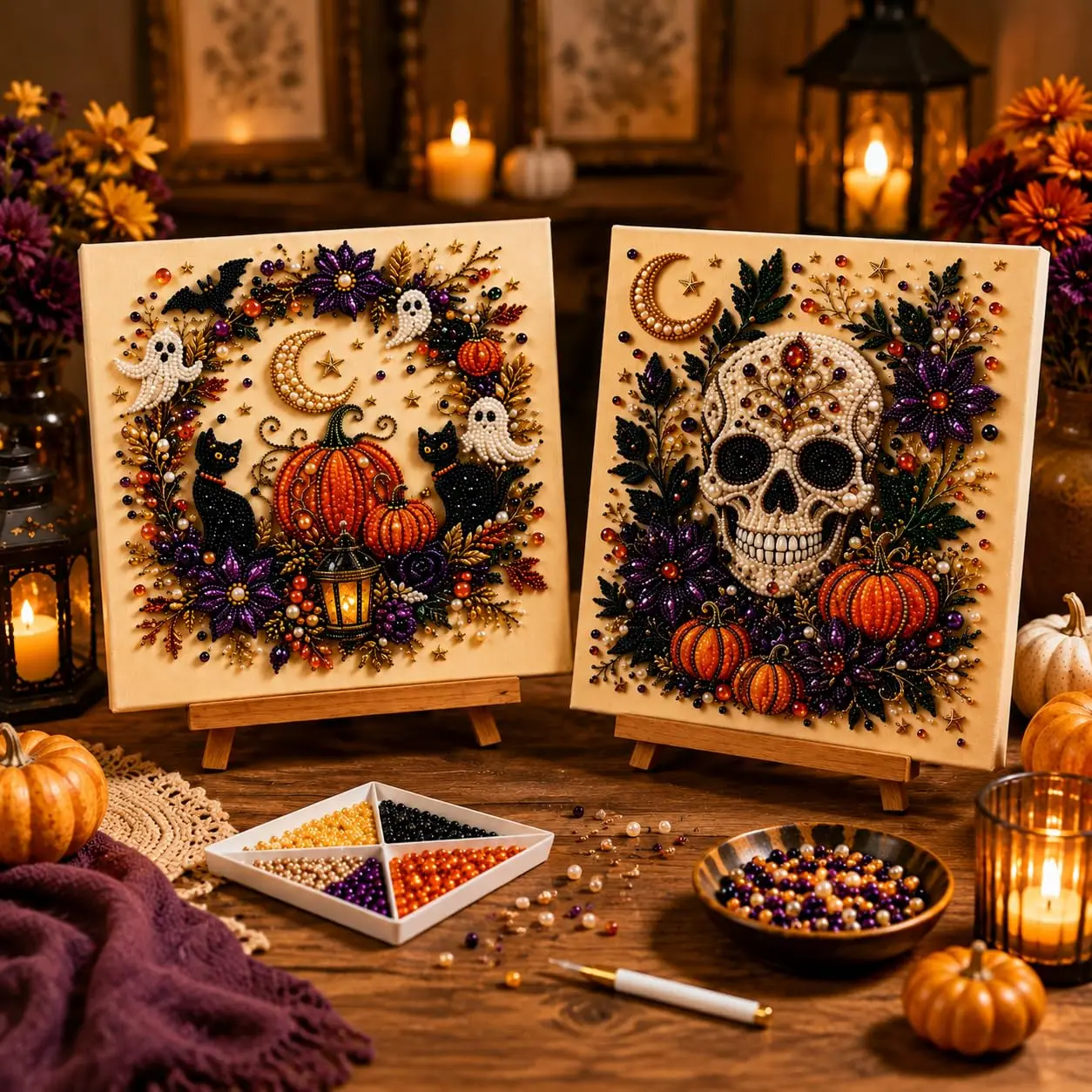 1/2 Set Halloween Geister & Kürbis 3D Perlen-Kunst DIY-Set für Erwachsene Niedliches Gruseliges Diamant-Malerei Bastelset