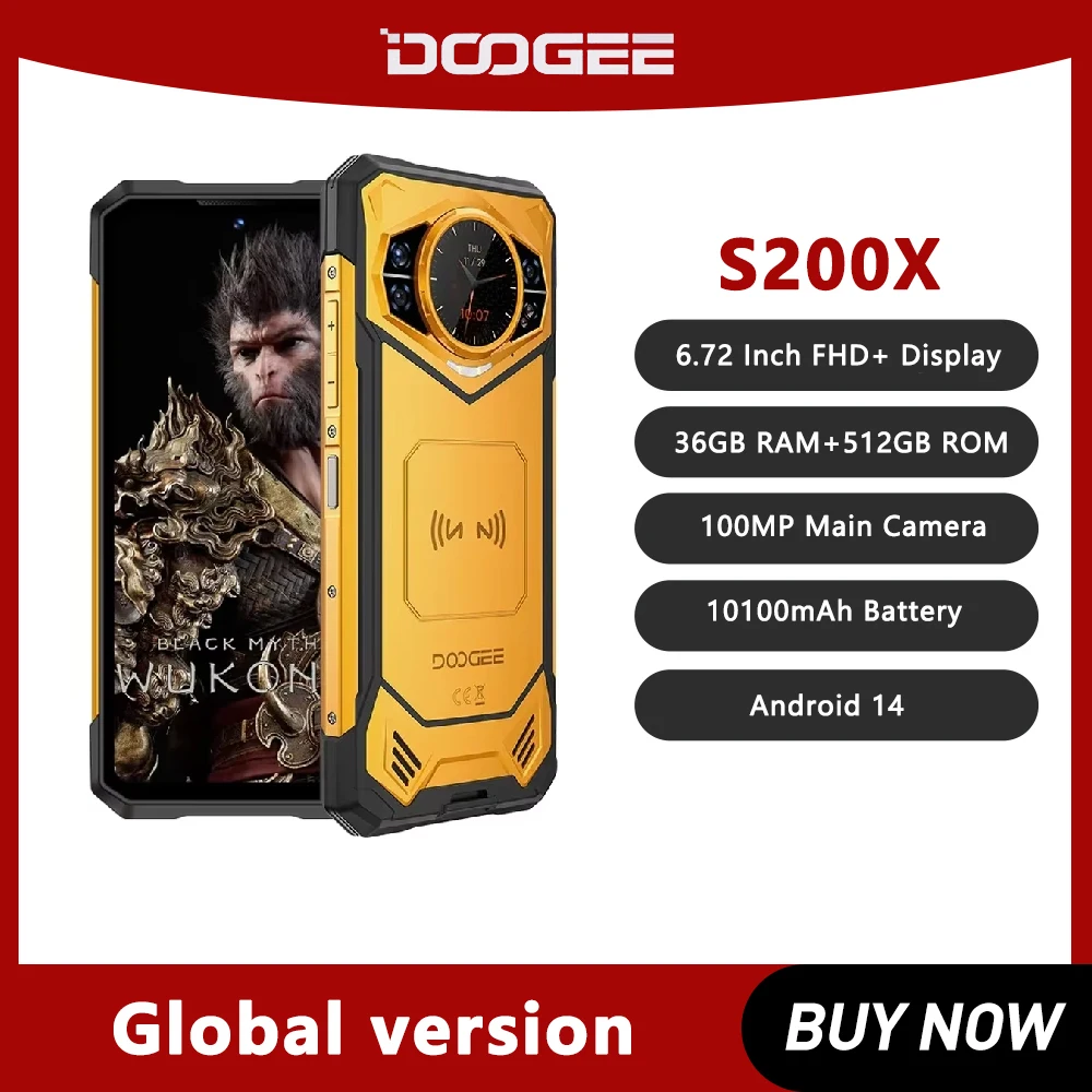 Прочный смартфон DOOGEE S200 X 5G, Android 14, 12 ГБ ОЗУ, 512 ГБ ПЗУ, 10100 мАч, аккумулятор, 100 МП, 33 Вт, 6,7 дюйма, 120 Гц, дисплей, мобильный телефон NFC