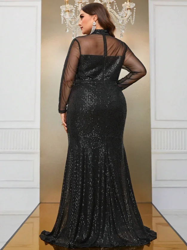 Party Dresses Plus Size Women Sequins Lace Splicing Black Elegant Evening Dresses Long Sleeve Large Fashion Lady Banquet Dress