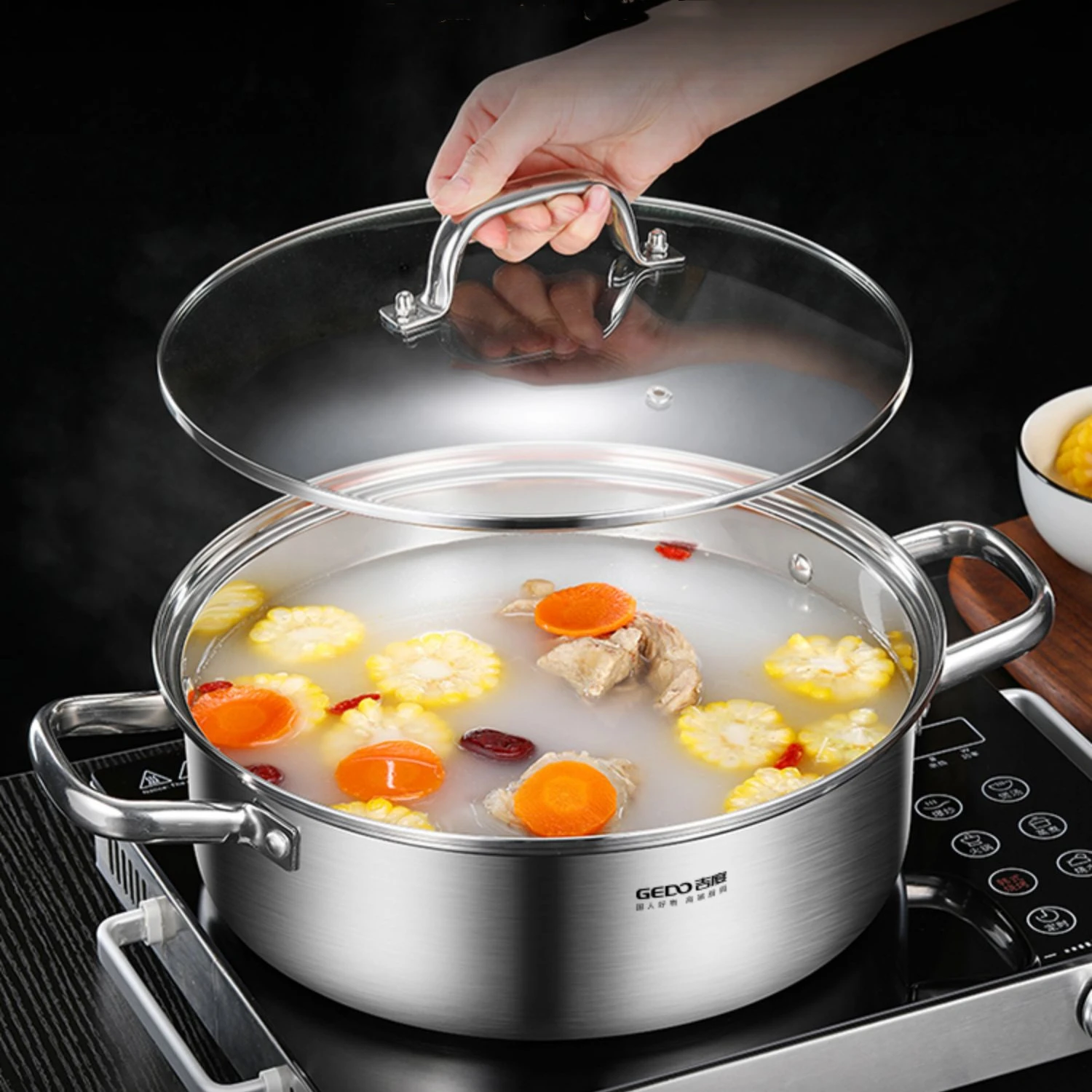 Ultra Thick 5 Layer Stewing Pot LFGB Certified Pure 304 Stainless Steel Chinese Hotpot 28.2cm Diameter Pot with Glass Lid