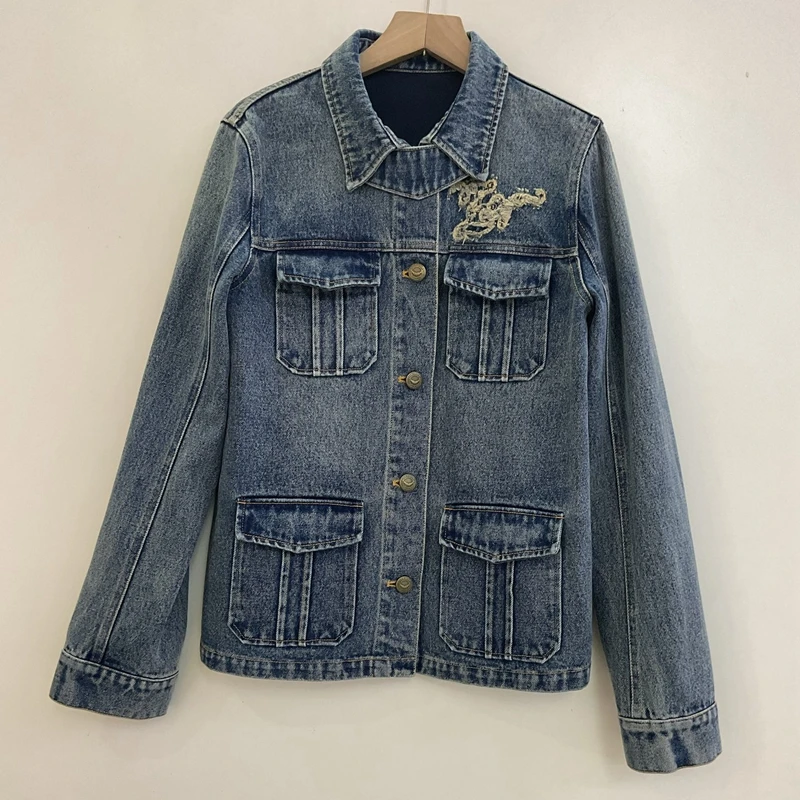 Women Vintage Washed Denim Jacket Lapel Multi Pocket Embroidery Letter Casual Short Jean Coat