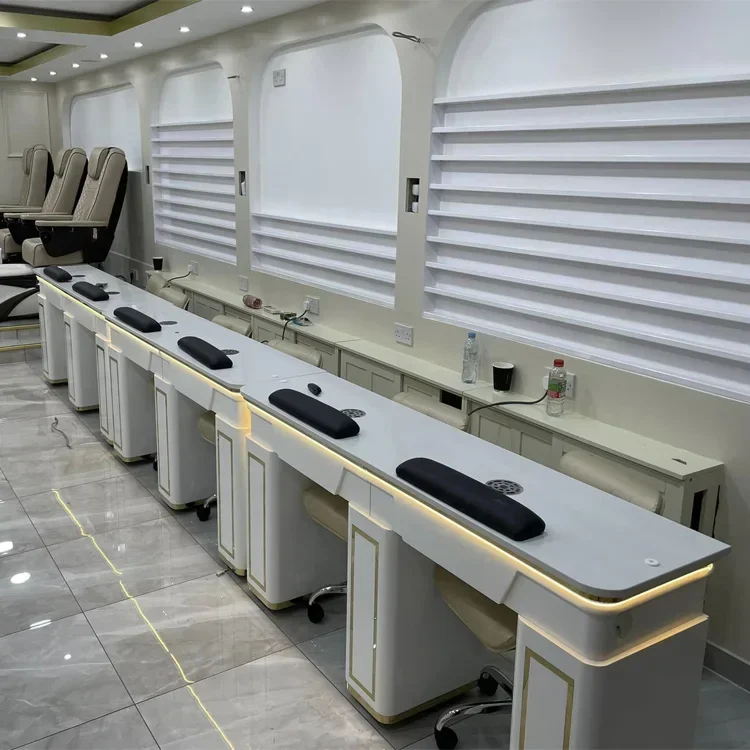 

modern luxury white&gold custom made salon furniture nail work station manicure table with vacuum