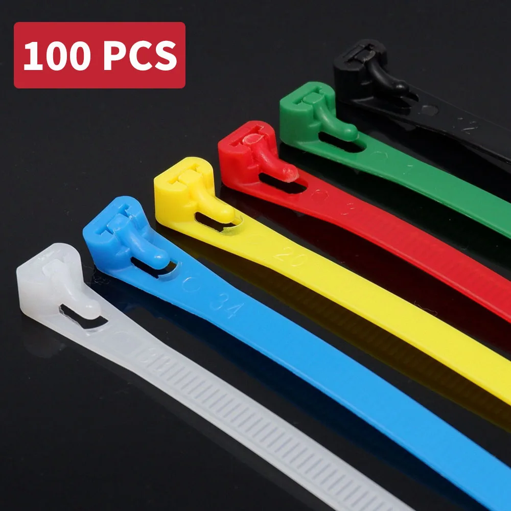 

100 PCS Reusable Plastic Nylon Cable Ties Detachable Zipper Cable Ties Binding Straps Black White Red Yellow Green Garden Tie