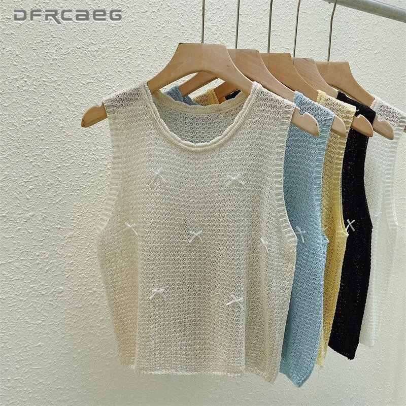 

New Arrivals Hollow Out Summer Sweet Knitted Vest For Women Casual Sleeveless High Stretch Tank Top With Bow