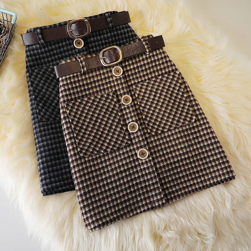 Vintage High Waist Plaid All-match A-line Skirt Autumn Winter Button Patchwork Elegant Midi Skirt Fashion Office Women Clothing