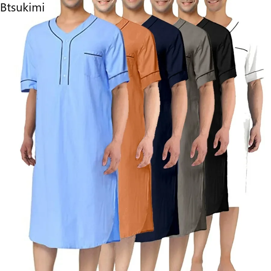 Nieuwe 2024 Mannen Moslim Mode Gewaden Jurk Korte Mouw Effen Katoen Losse O Hals Leisure Nachtjapon Heren Badjassen homewear Abaya