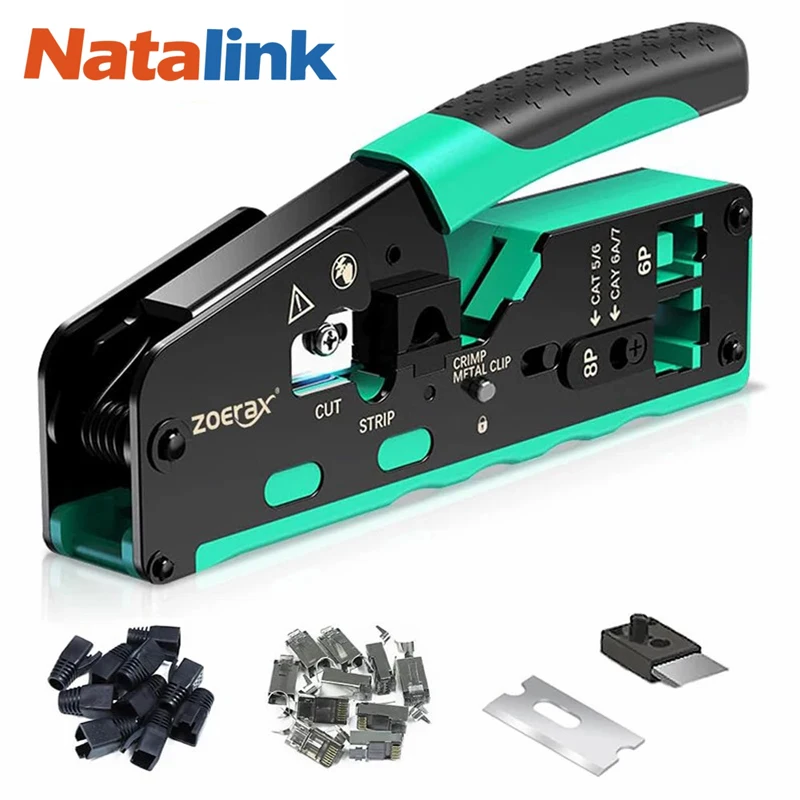WoeoW RJ45 Crimp Tool Kit Pass Through Cat6 Crimping Tool para Cat5 Cat5e Cat6 8P8C conector, tudo-em-um Ethernet Crimper