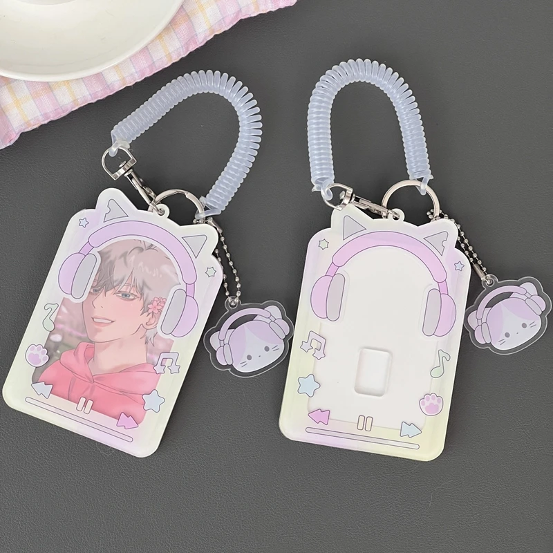 Korean Cute Headphone Acrylic Card Holder 3 Inch Kpop Idol Photo Protective Display Sleeves with Pendant Kawaii Stationery Gifts