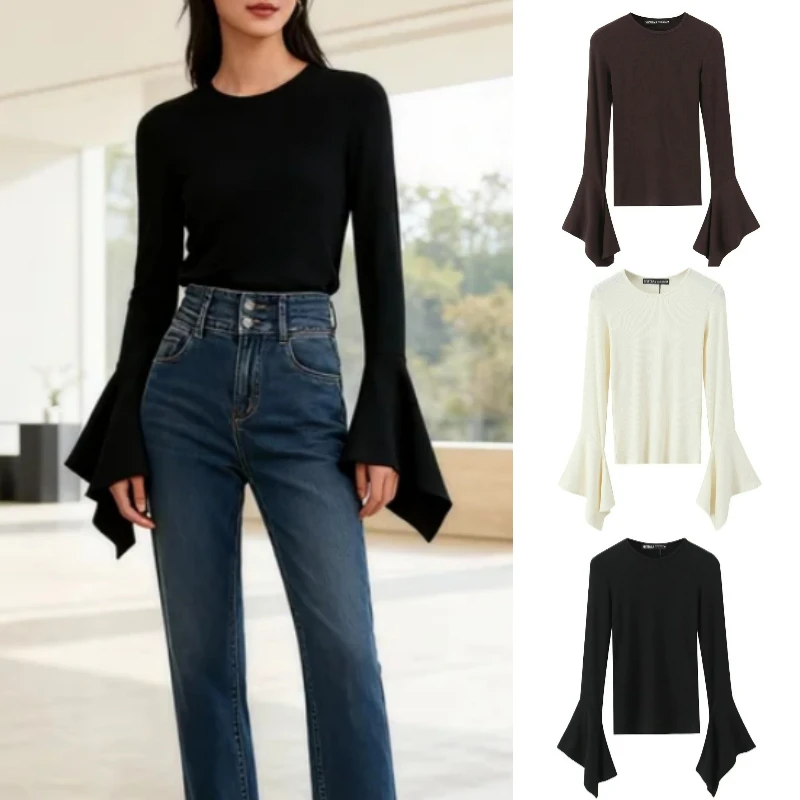 우아한 캐주얼 여성용 삼색 레이어드 소매 티셔츠 가을/겨울 신상 2025 하이스트리트 스타일