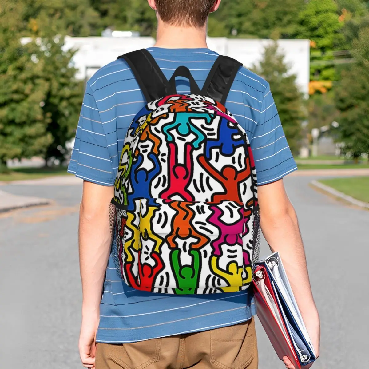 Geometric Colorful Haring Stick Figure Acrobats Backpack School College Students Bookbag 15 Inch Laptop Abstract Pop Art Bags