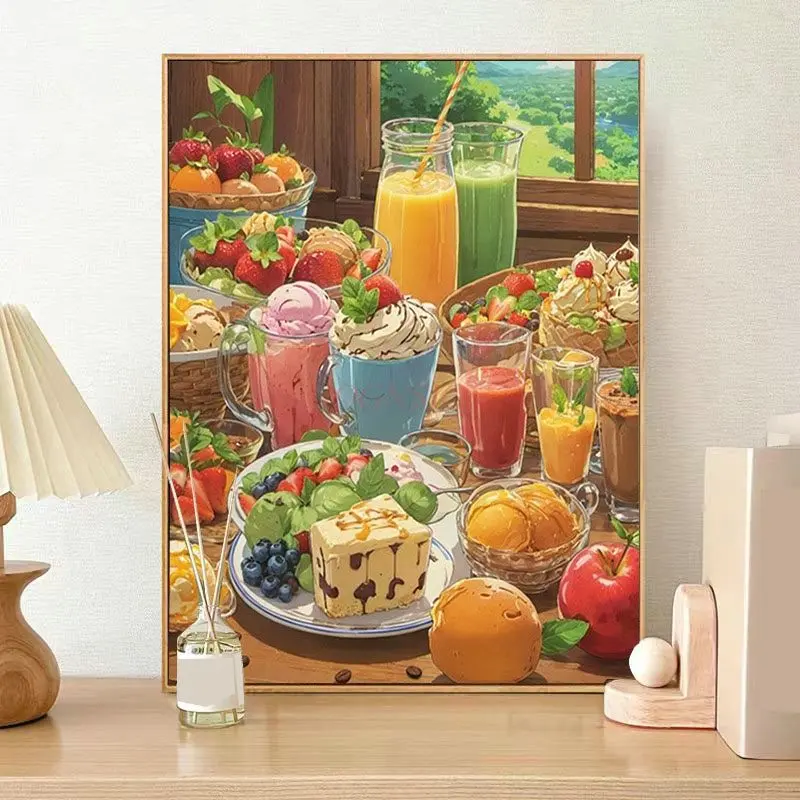 1set Gourmet Dessert Afternoon Tea Digital Oil Painting DIY Filling Handmade Painting Coloring Decompression Hand Drawing