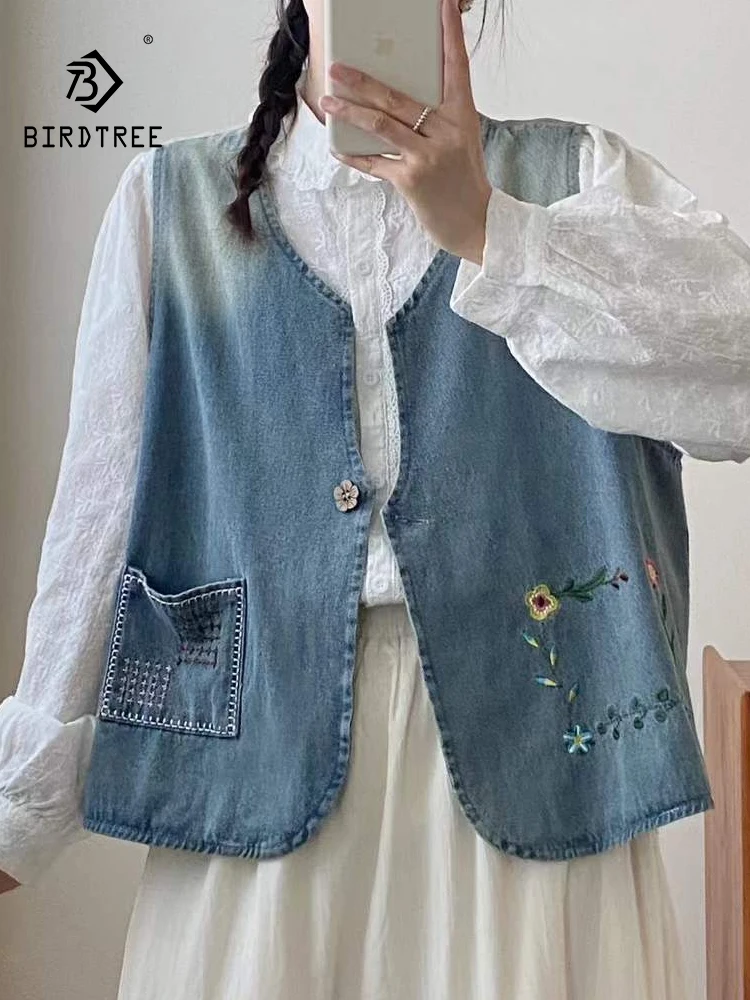 

New 2025 Autumn Denim Vest, Women Sleeveless V Neck Floral Embroidery, Mori Girl French Retro Sweet Casual Loose Coat C59419CC