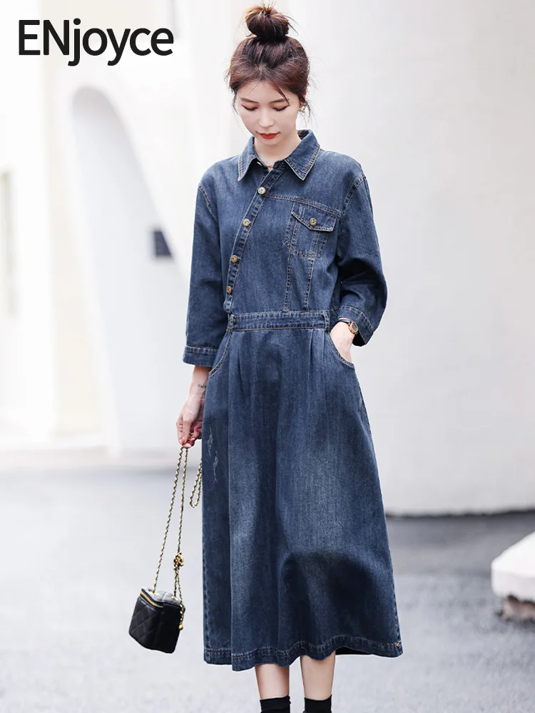 

2024 Spring Vintage Placket Design Midi Denim Dresses with Belt Women Korean Fashion Streetwear Half Sleeve A-line Dress