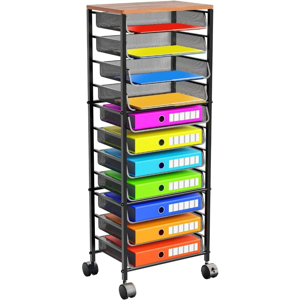 Simple Trending 12 Tier Rolling File Cart,Wood Desk File Organizer with Sliding Trays and Wetal Mesh Black Filing Cabinets