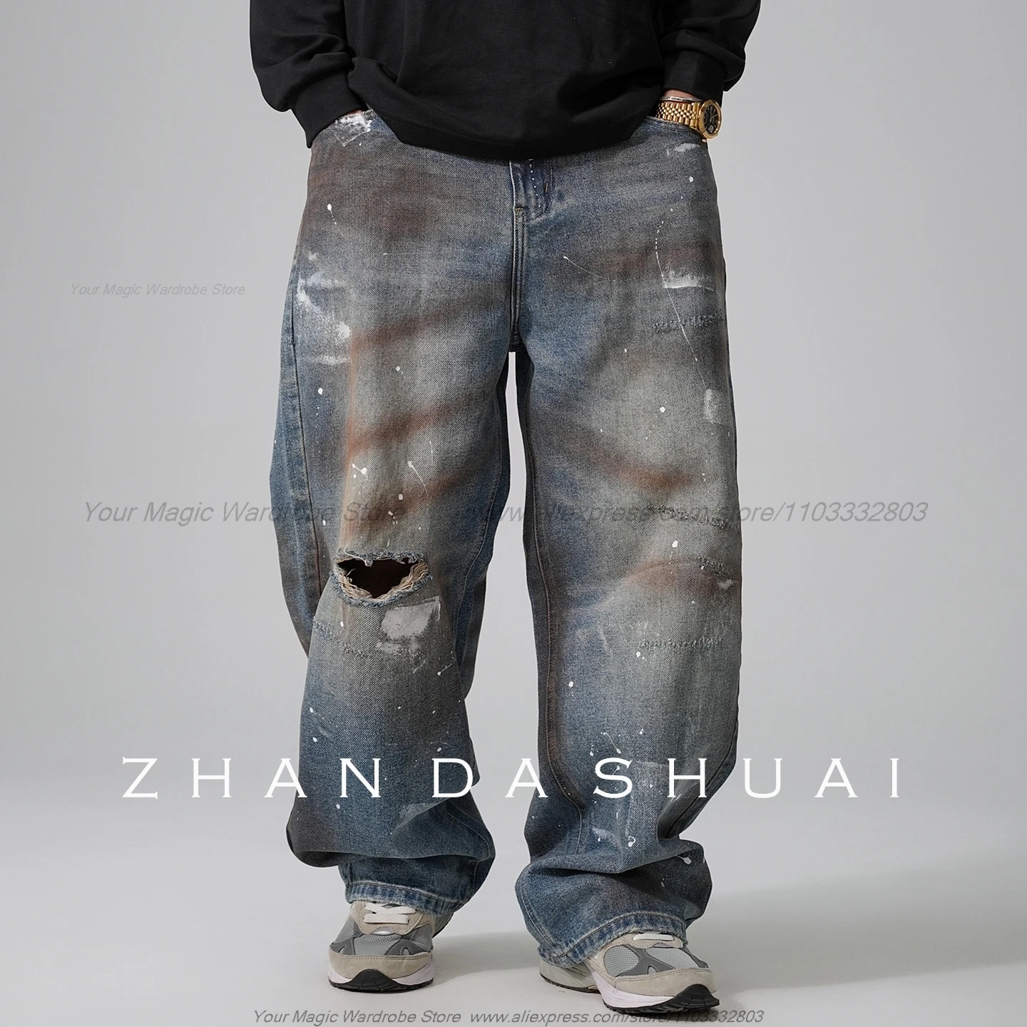 Vintage Distressed Post-Apocalyptic Wasteland Style Ripped Splash-Ink Jeans Men's Straight Loose High Street Wide-Leg Trousers