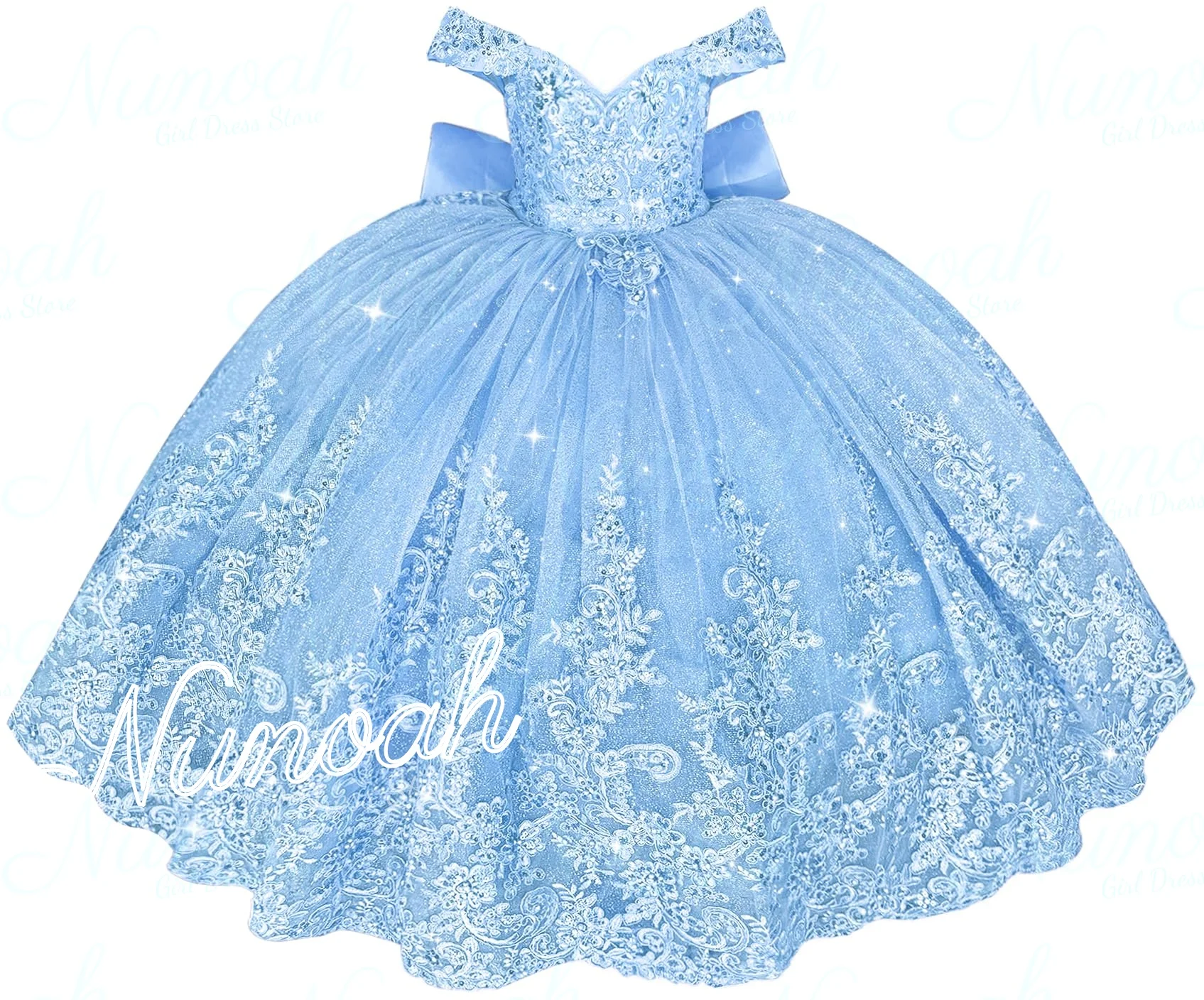 Light Blue Flower Girl Dresses for Wedding Bow Lace Appliques Girl Kids Birthday Party First Holy Communion Gowns Customized