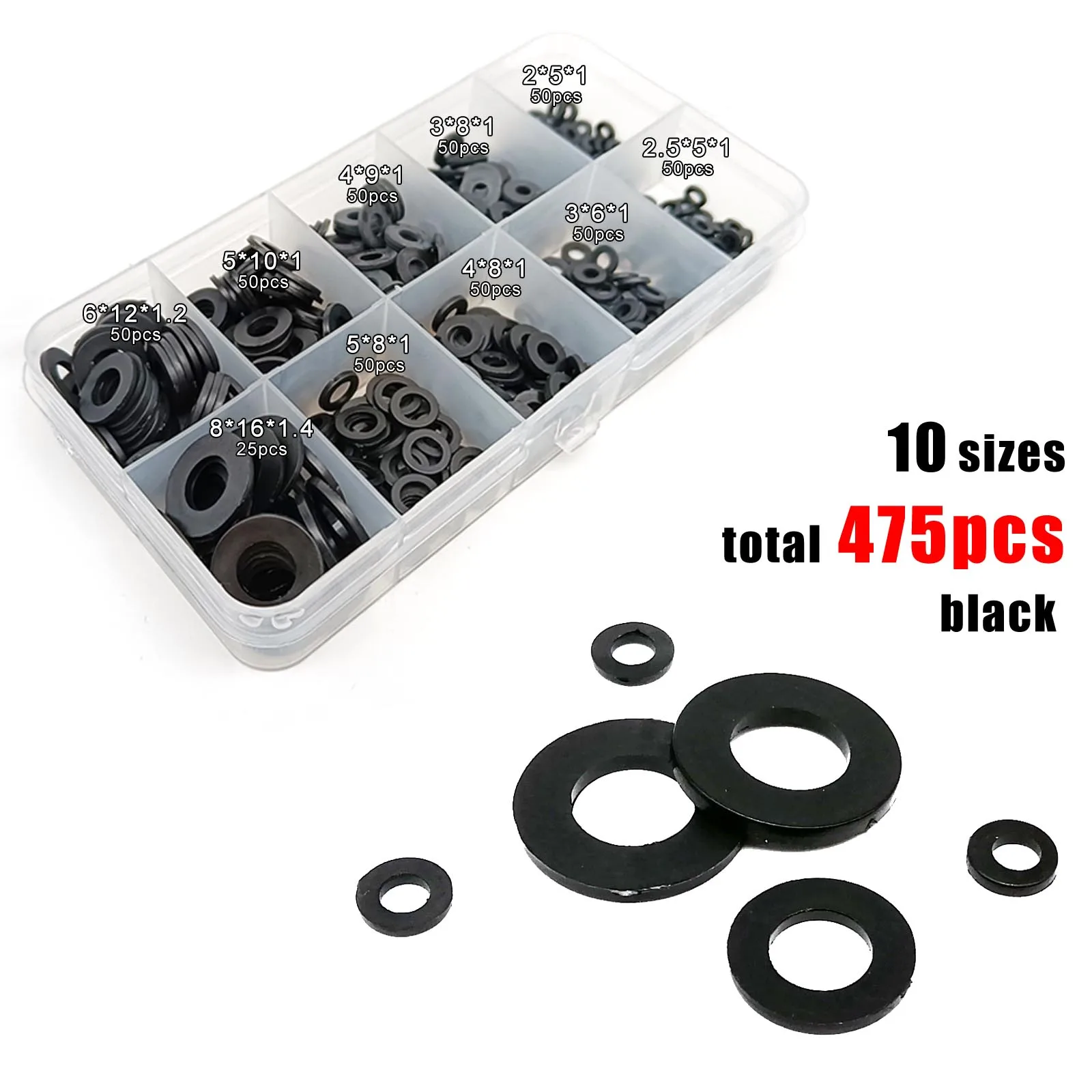 Total 475/1150pcs M2 M2.5 M3 M4 M5 M6 M8 White Black Plastic Nylon Flat Washer Plain Insulation Gasket Ring Assortment Kit Set