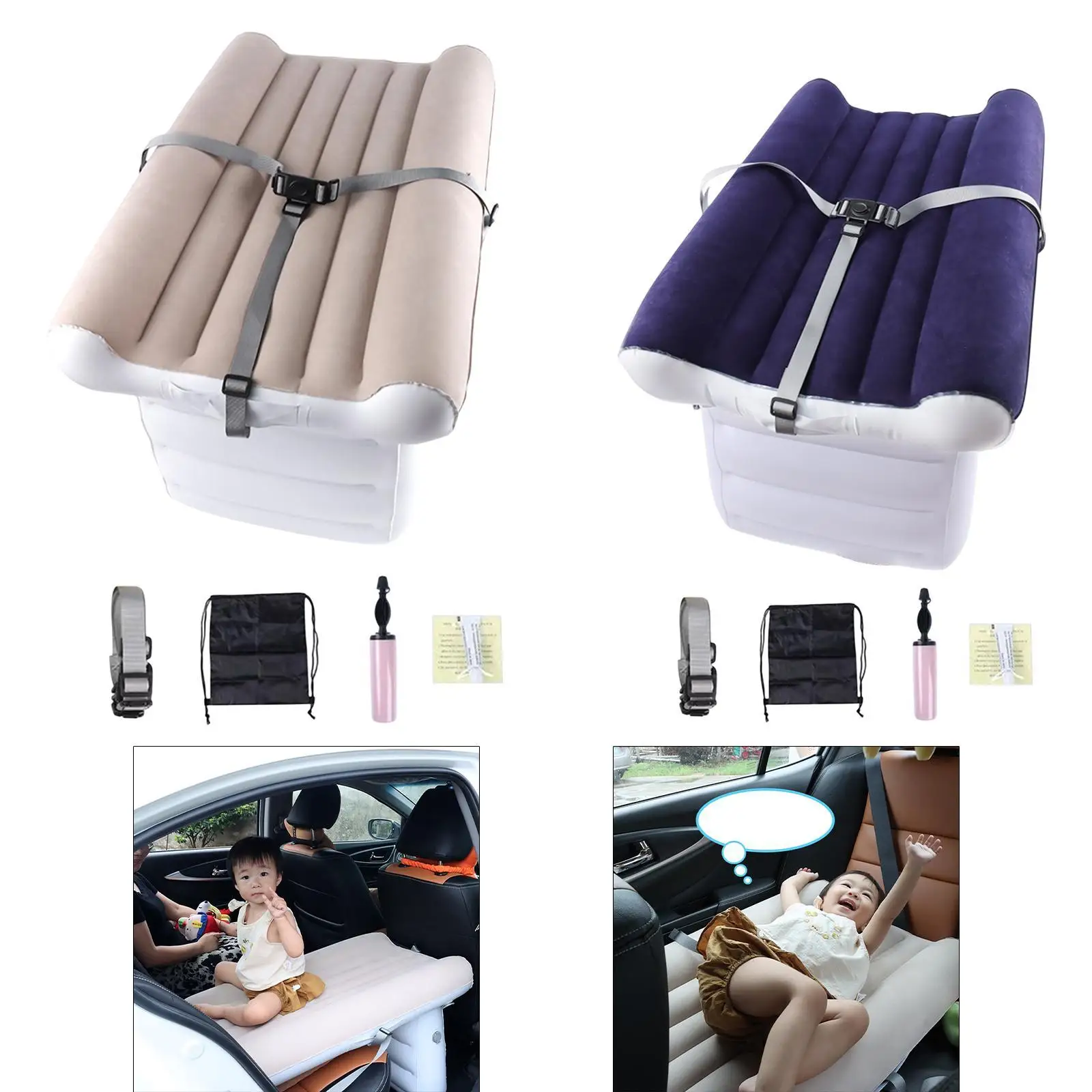 Travel Bed for Kids Inflatable Airplane Bed with Air Pump with High Sides Portable Car Back Seat Bed with Storage Bag with Belt