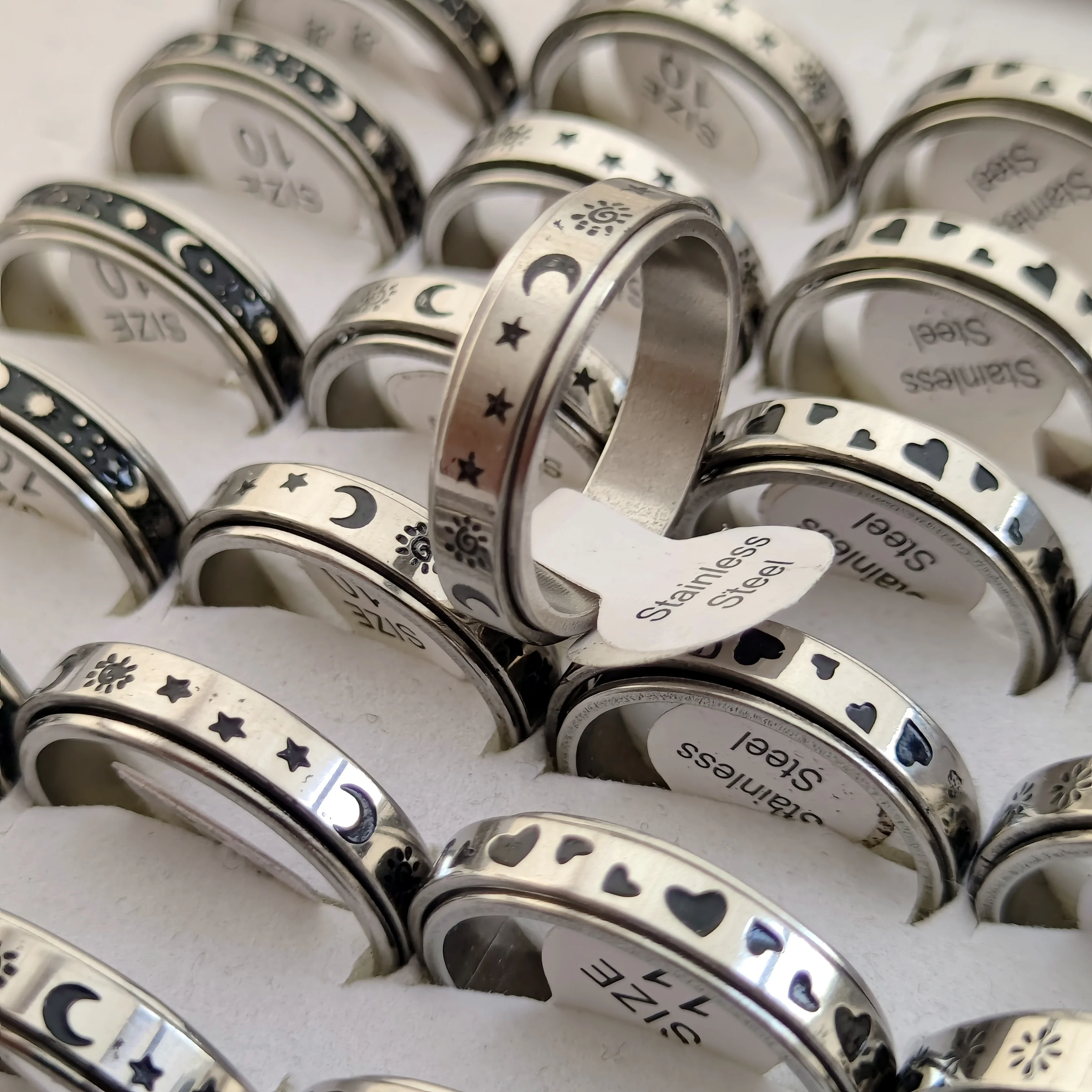36 teile/los Frei Drehen Spinning Edelstahl Angst Ring Für Frauen und Männer Mond Sterne Kette Spinner Fidgets Ring Anti Stress – Detail 5