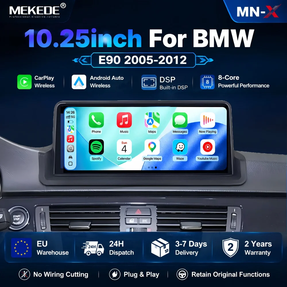 Système audio intelligent pour voiture MEKEDE EU Warehouse, écran tactile IPS de 10,25 pouces pour BMW Série 3 E90/E91/E92/E93 2005-2012, Carplay sans fil, Android Auto, navigation GPS, FM RDS, Bluetooth, autoradio stéréo 2 Din, unité principale multimédia