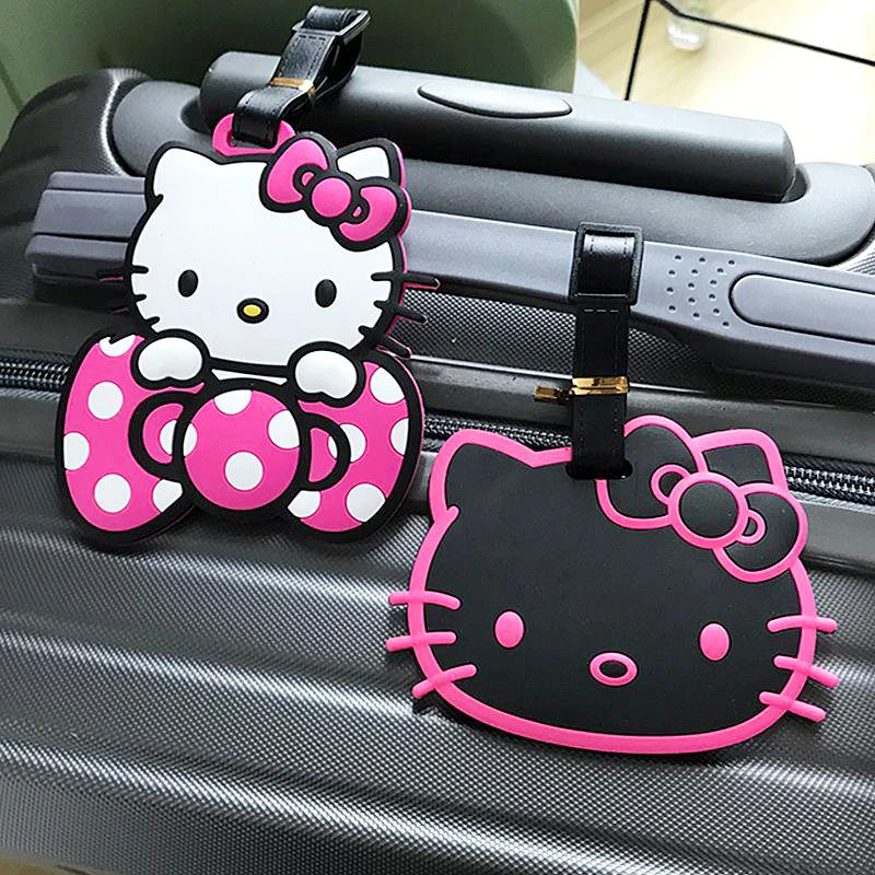 Étiquette de bagage Hello Kitty pour femme, pendentif de sac de dessin animé, étiquettes de bagage en gel de pton, porte-adresse d'identification portable, étiquette de bagage d'embarquement, nouveau