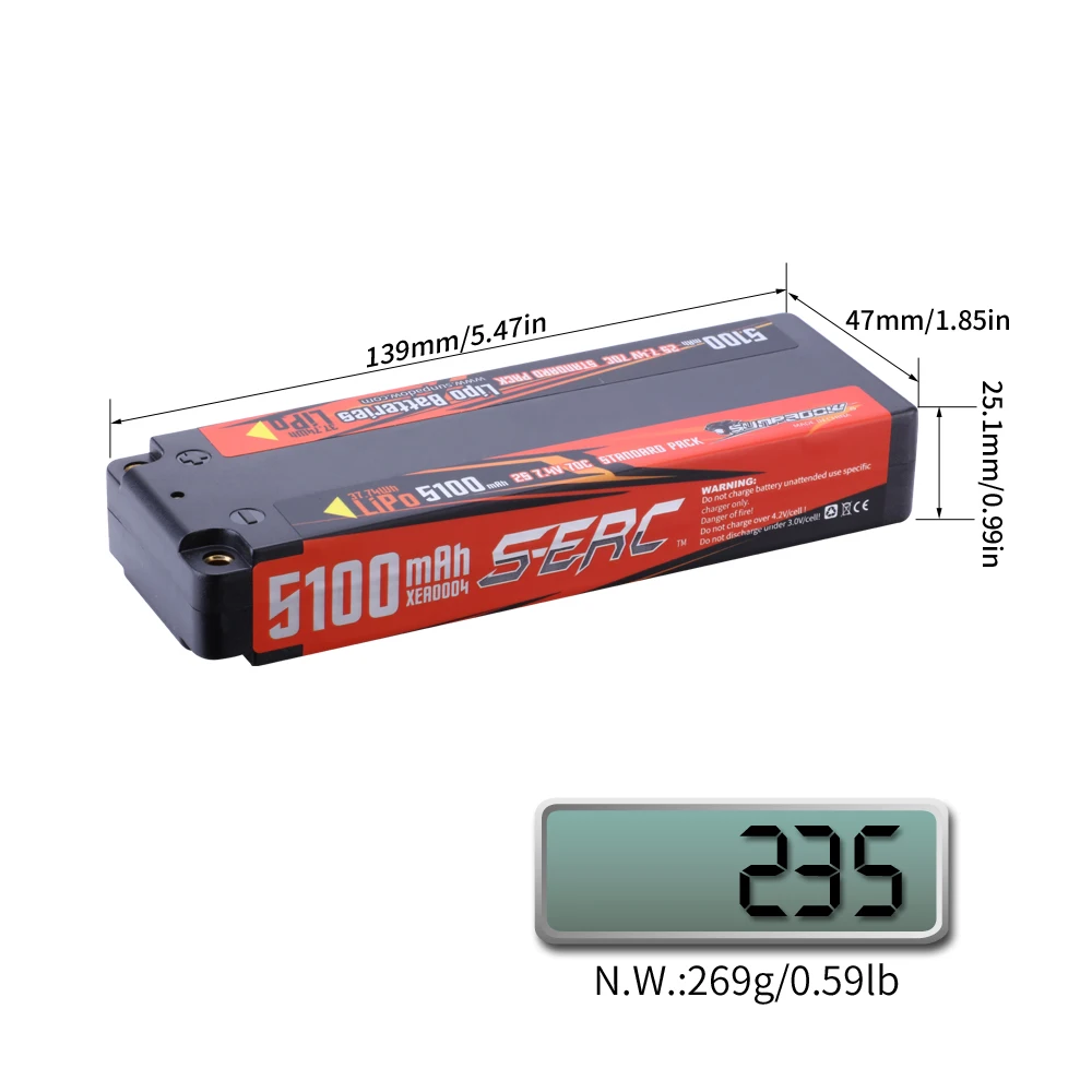 Sunpadow 2S Lipo Battery 5100mAh 6100 7100mAh 70C Hard Case with 4mm Bullet for RC 1/8 1/10 Scale Vehicle Car Truck Tank Racing