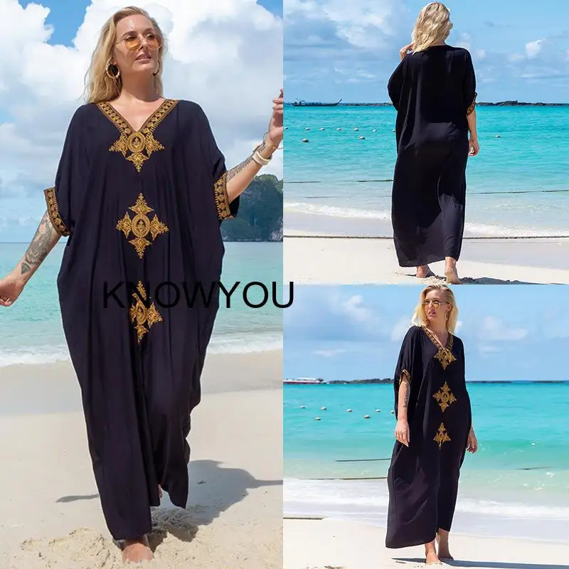 Women Long Kaftan Dresses Rayon Embroidered Beach Cover-Up Robe Caftan Dress Beach Cover Ups Tunic Maxi Dress Pareo Robe Summer