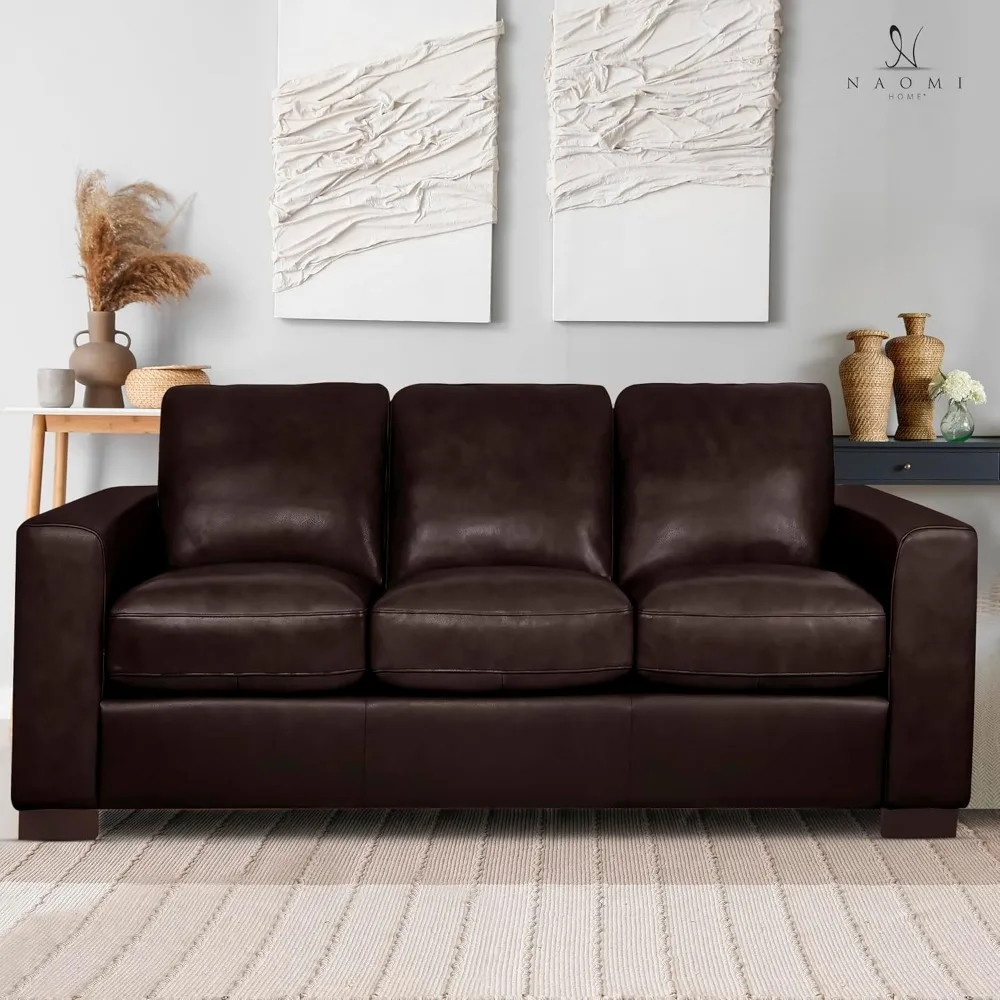 Genuine Leather Sofa, Goose Feather Cushion Filling, Square Arm Design, Sturdy Block Legs, Sofe