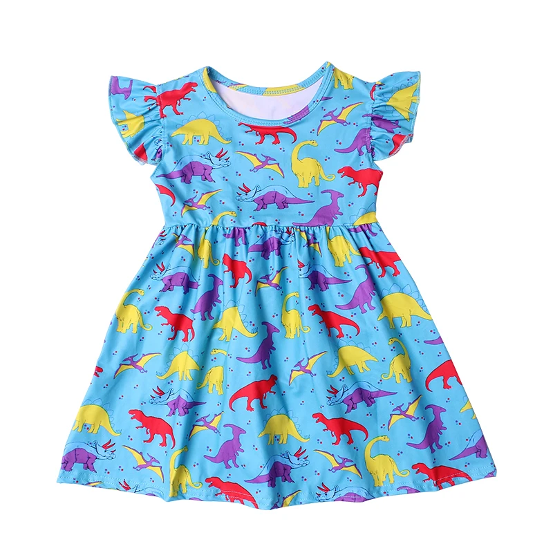 New Arrivals Baby Girls Summer Colorful Dinosaur Print Dress Milksilk Dinosaur World Short Sleeve Clothing Kids Boutique Wear