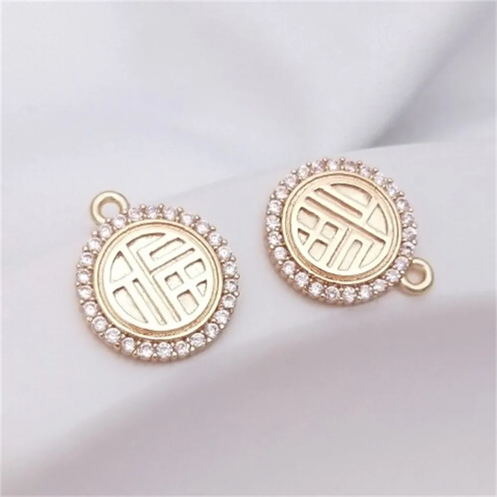 

14K Genuine Gold Zircon Edging Lucky Character Pendant DIY Circular Lucky Sign Pendant Bracelet Necklace Earring Charm Pendant