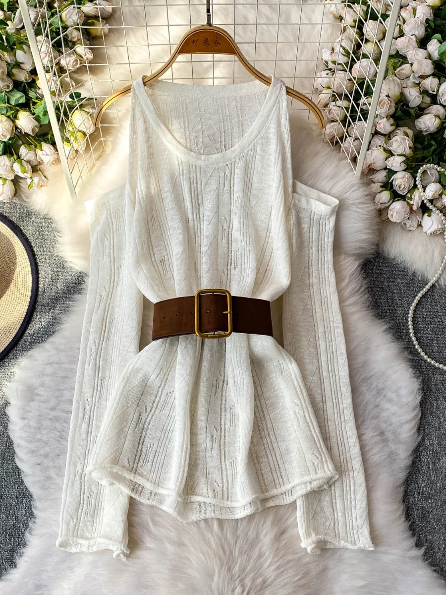 Foamlina Chic Elegant Off Shoulder Long Sleeve Knit Sweater With Waist Tie Design Women Fall Trendy Slim Fit Casual Top