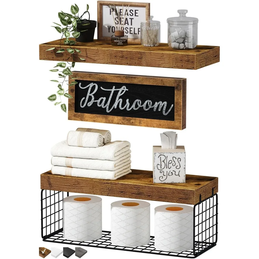 

Farmhouse Style Toilet Paper Storage Shelf - Wall Mounted Bathroom Decor with Aesthetic Sign for Small Spaces