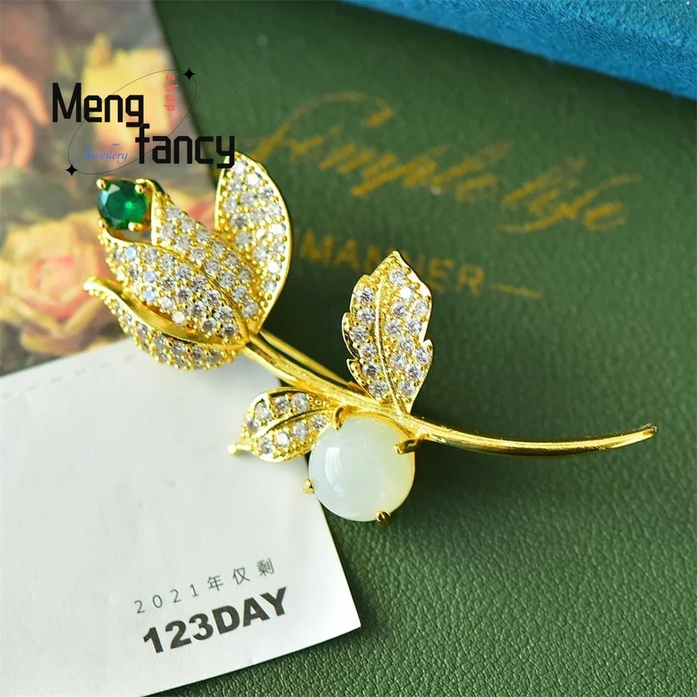 Hetian White Jade Rose Coloured Zirconia Brooch Elegant Exquisite High-grade Fashion Fine Jewelry Sexy Young Girls Holiday Gifts