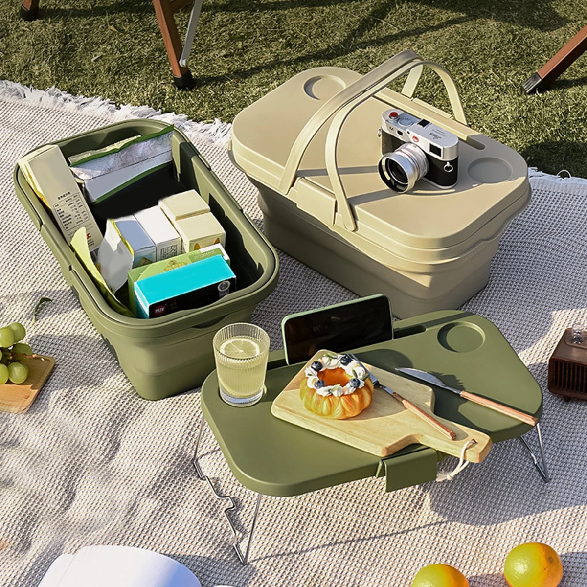 New multifunctional picnic basket with tray table multi-functional waterproof and leak proof foldable camping box with lid