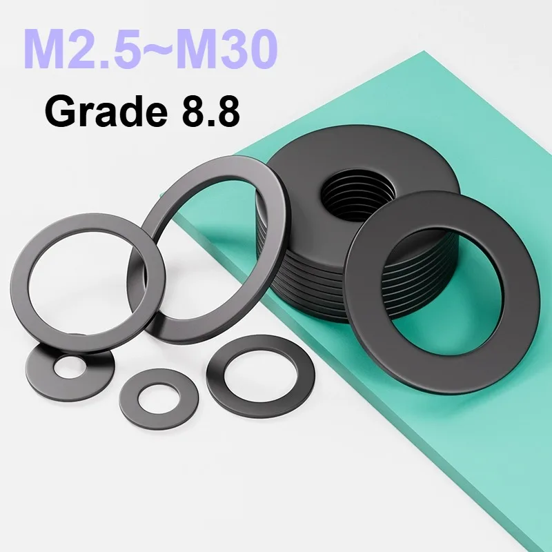 M2.5 M3 M4 M5 M6 M8 M10 M12 M14~M30 Black Grade 8.8 Steel Flat Washer Plain Gasket Round Plane Spacer Gasket Ring For Screw
