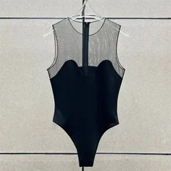 Summer mesh splicing sleeveless jumpsuit women's elastic slim fit round neck black white elegant fashion outfit
