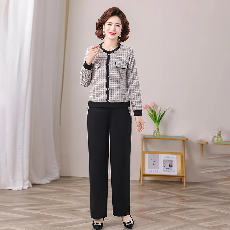 

Весенний модный комплект для мам: спортивный костюм из двух предметов с длинным рукавом, повседневная одежда для женщин среднего возраста, полиэстер