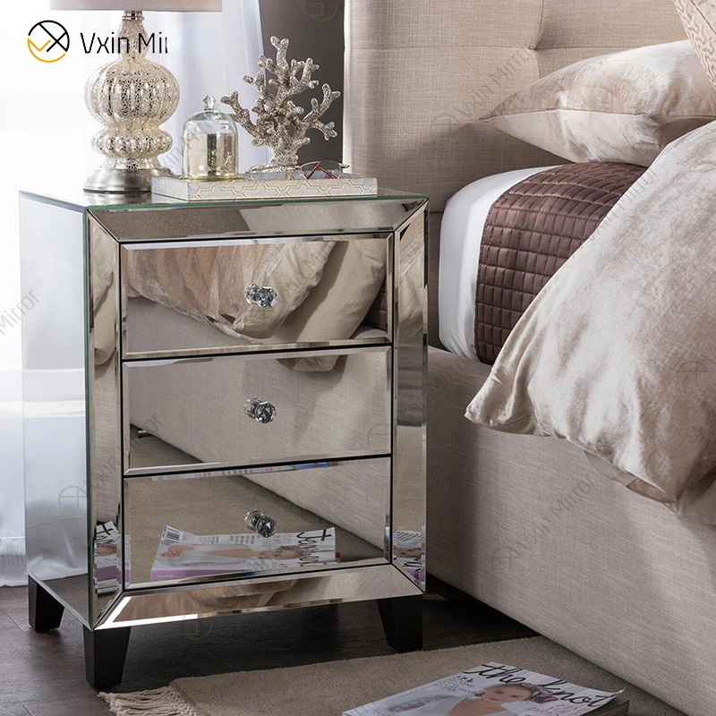 Light luxury bedside table, post-modern European bedroom chest of drawers, glass mirror bedside table, cross-border furniture