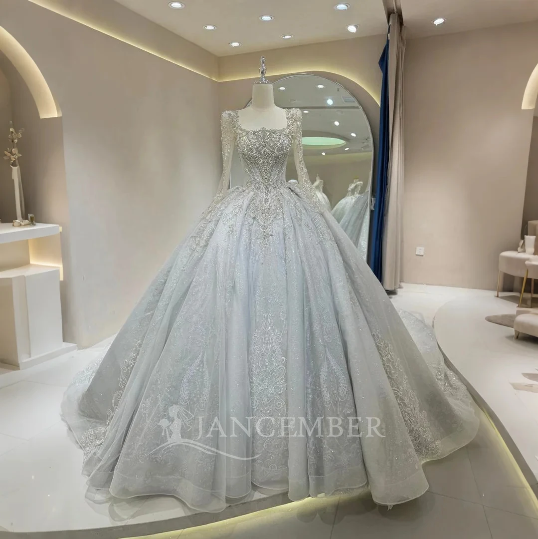 Princess Wedding Dress Square Collar Long Sleeve Pure Customized Beading Formal Formal Luxury Bride Gown vestidos de novia boda