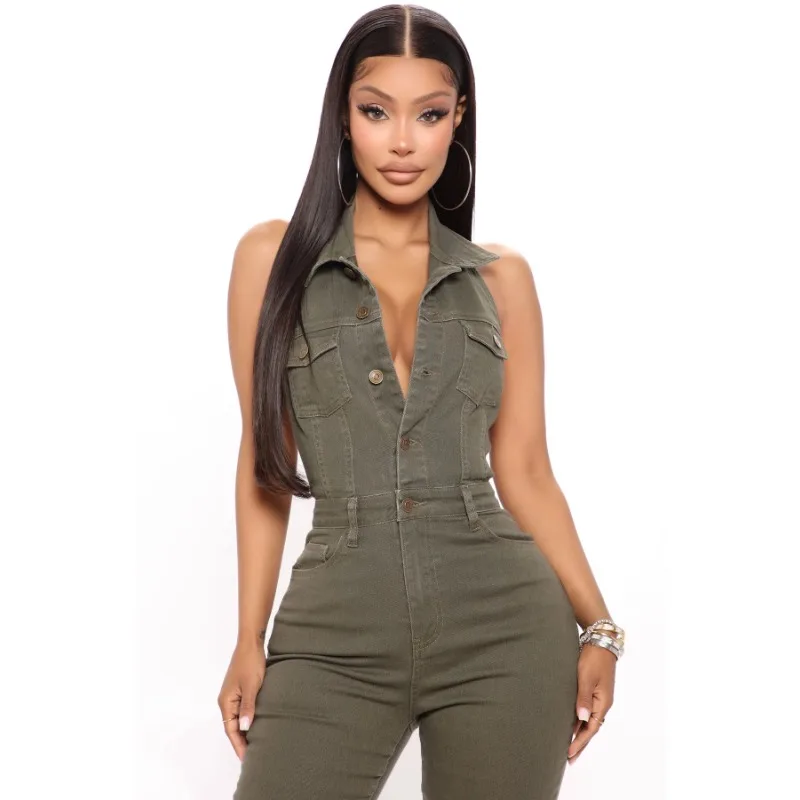 Women's New Fairy Spring Autumn Jumpsuits Pants New Button Pocket Backless Lapel Simple Leisure Comfortable Harajuku Versatile