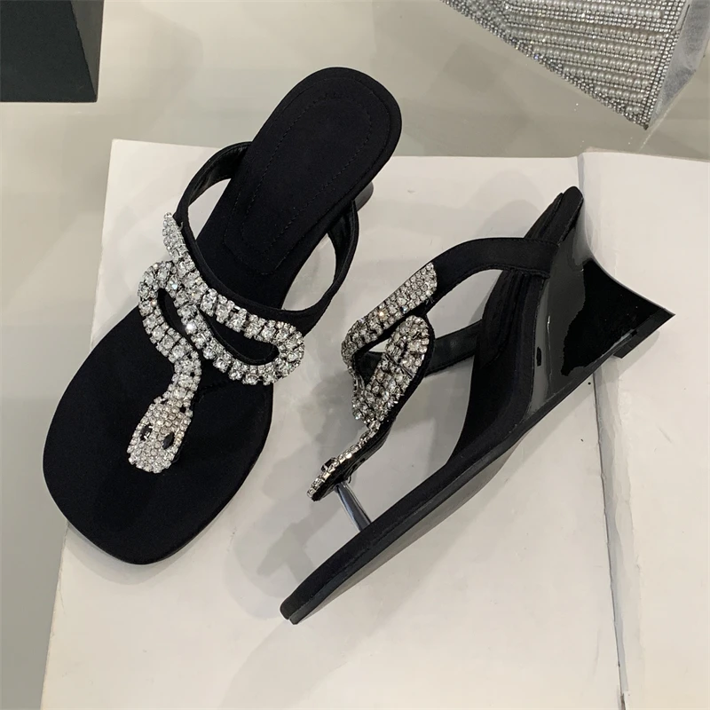 

Летние модные туфли-мюли Aneikeh на танкетке с квадратным носком, серебристые, элегантные, со стразами, женские, для банкетов