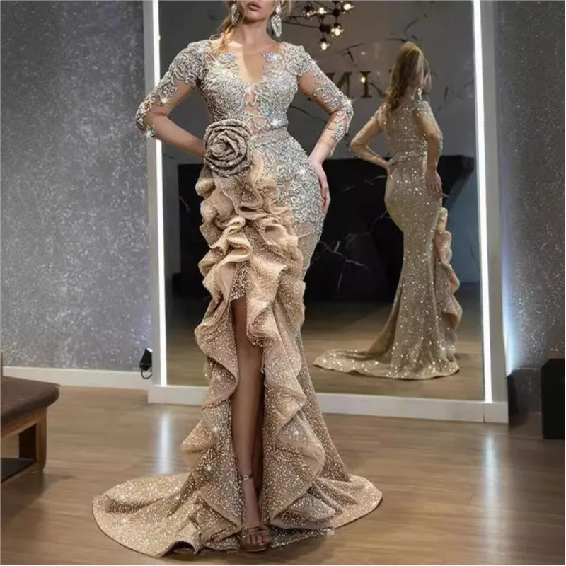 

New style of gold-plated long-sleeved banquet drag skirt