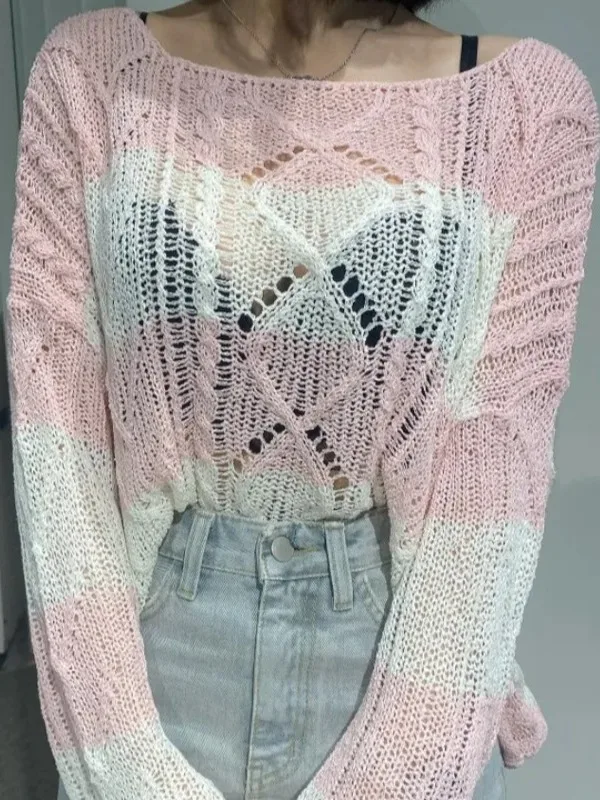 

Retro Twist ort Thin Knitted Long Sve Women's Top Chic Loose Design Sensation Sun Protection Knitted Cover up